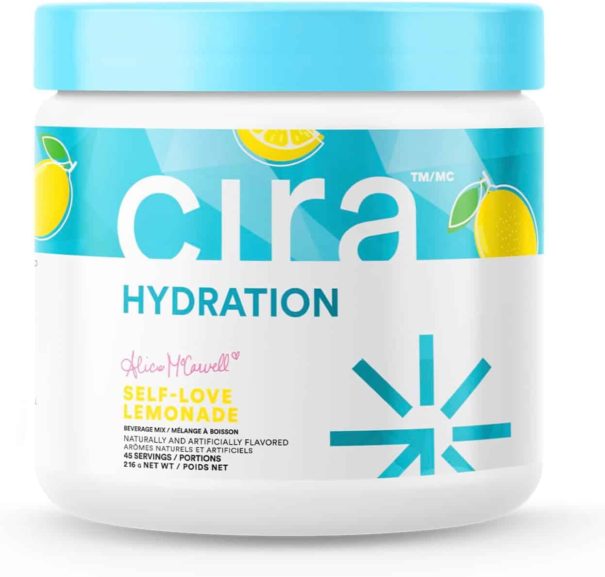 Cira Hydration Self-Love Lemonade container with blue lid and lemon graphics on a white background
