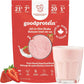 Goodprotein strawberry & cream shake package with a glass of shake and strawberries on a white background