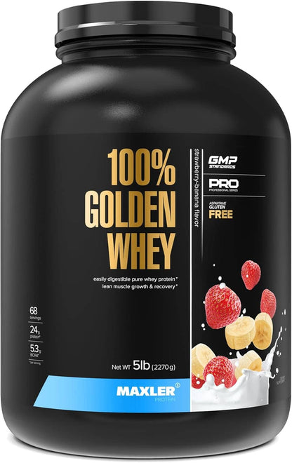Black container of Maxler 100% Golden Whey protein powder with fruit illustration on a white background