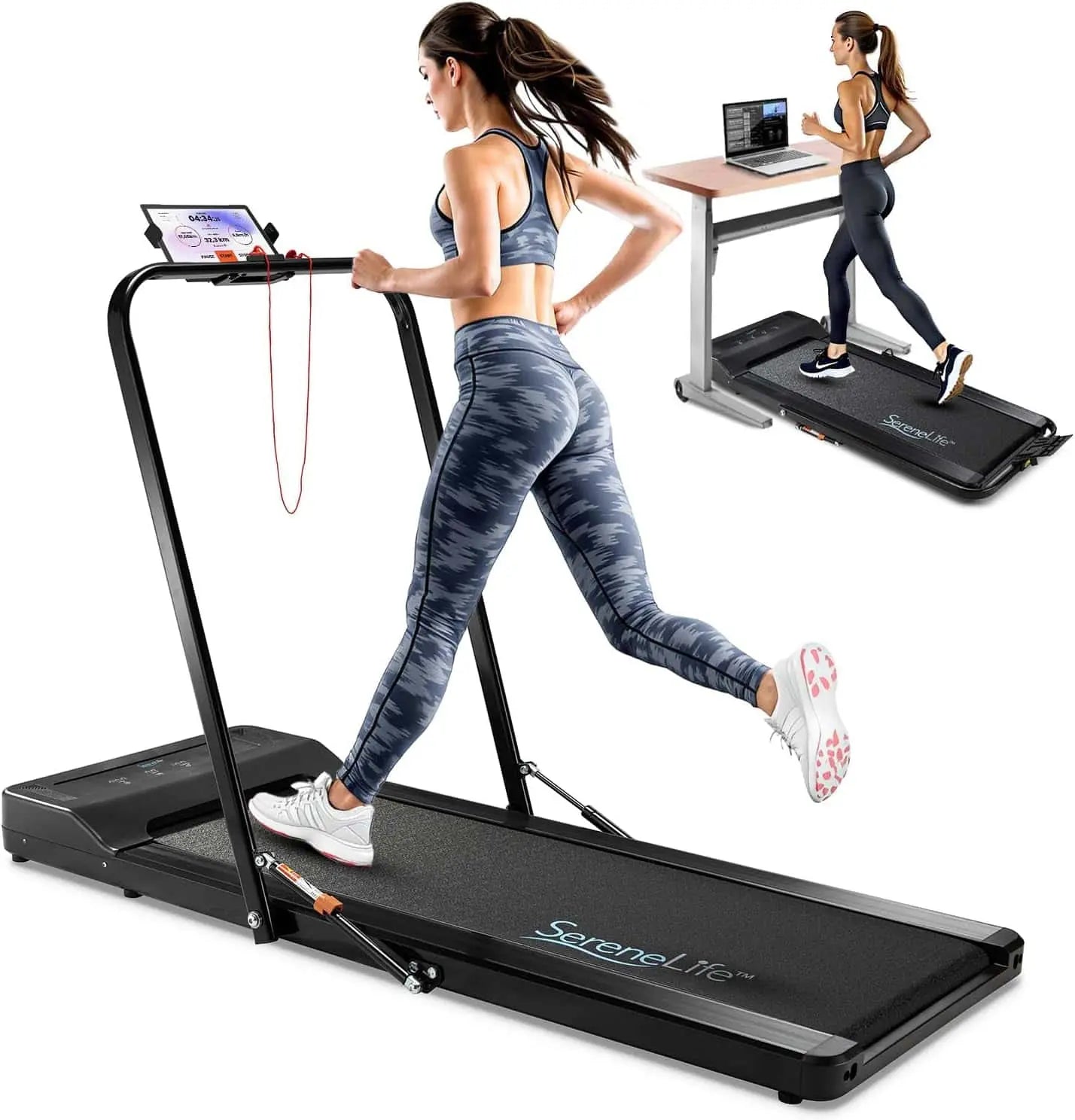 Woman using a portable treadmill with a tablet on a white background