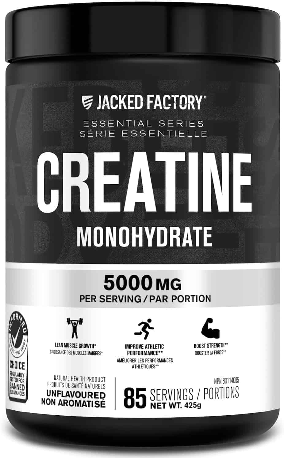 Jacked Factory Creatine Monohydrate supplement container on a black background