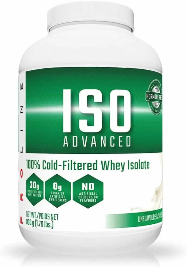 Whey protein supplement bottle labeled 'ISO Advanced' on a white background