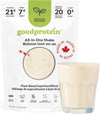 Goodprotein all-in-one shake package with a glass of shake on a white background