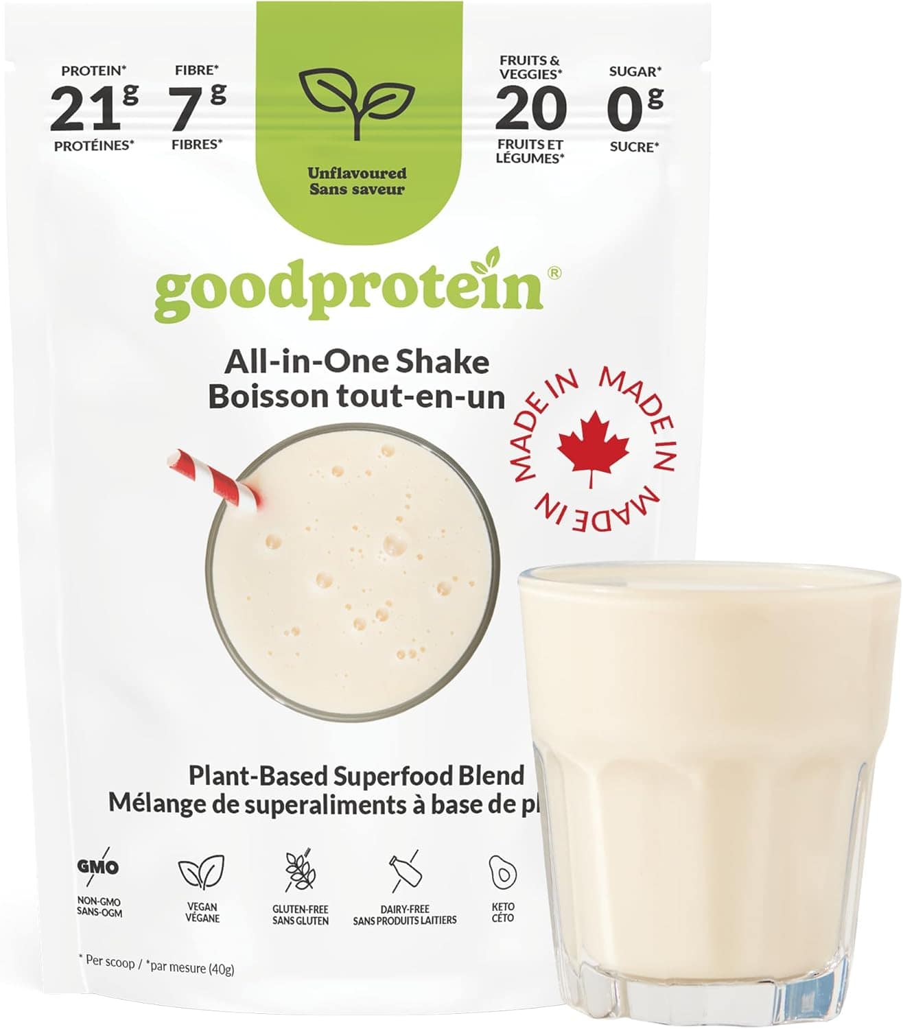 Goodprotein all-in-one shake package with a glass of shake on a white background