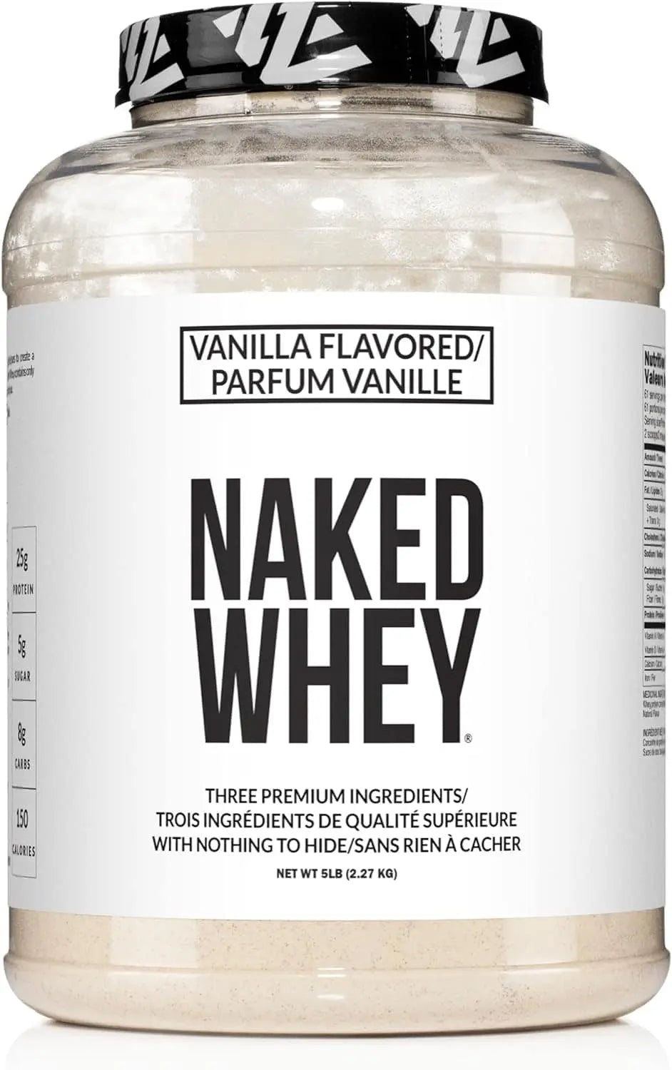 Naked Whey protein powder container with vanilla flavor text on a white background