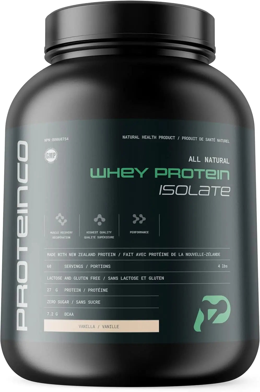 Black container of Proteinco whey protein isolate with green text