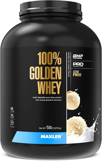 Maxler 100% Golden Whey protein powder container on a white background