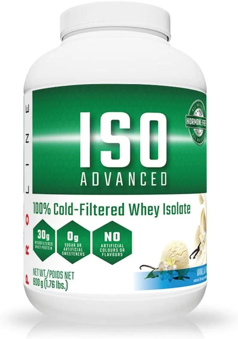 ISO Advanced whey isolate protein powder container on a white background