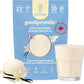 goodprotein All-in-One Shake packaging with a glass of shake and vanilla flowers on a white background