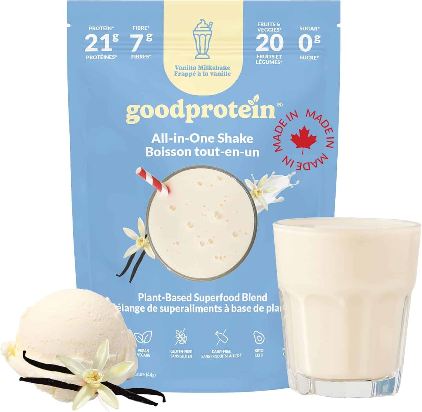 goodprotein All-in-One Shake packaging with a glass of shake and vanilla flowers on a white background