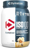 Dymatize ISO 100 protein powder container with blue and white design