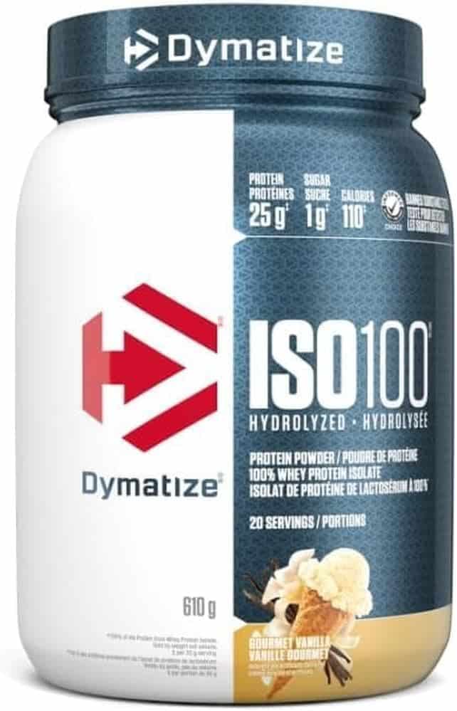 Dymatize ISO 100 protein powder container with blue and white design