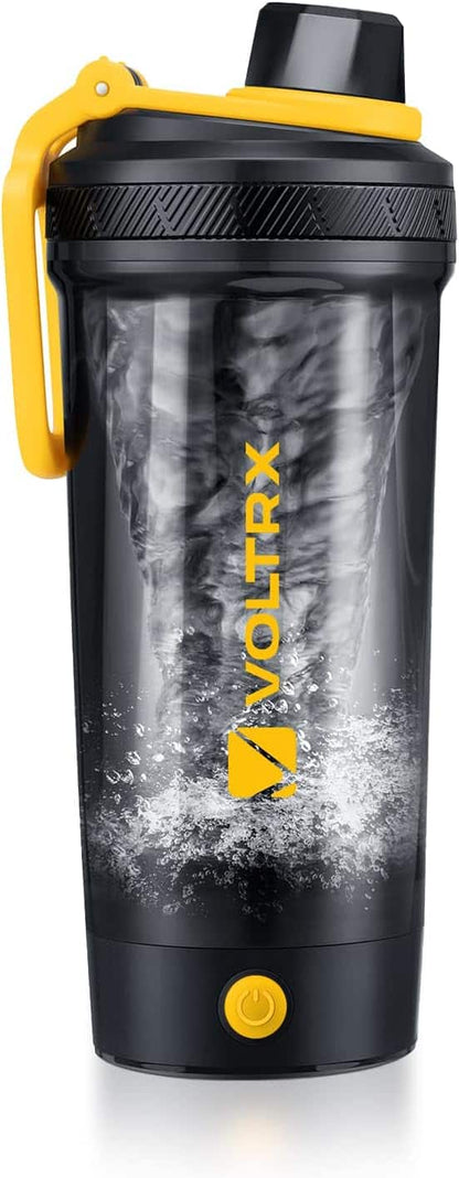 Black and yellow Voltarx shaker bottle with a textured design on a white background