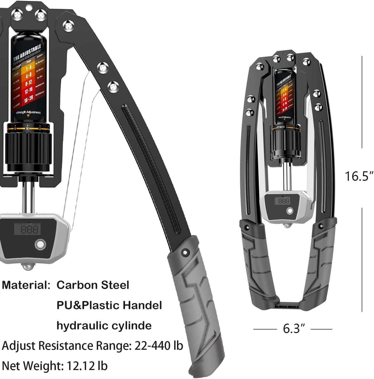 Hydraulic resistance training tool with digital display and adjustable resistance range on a white background.