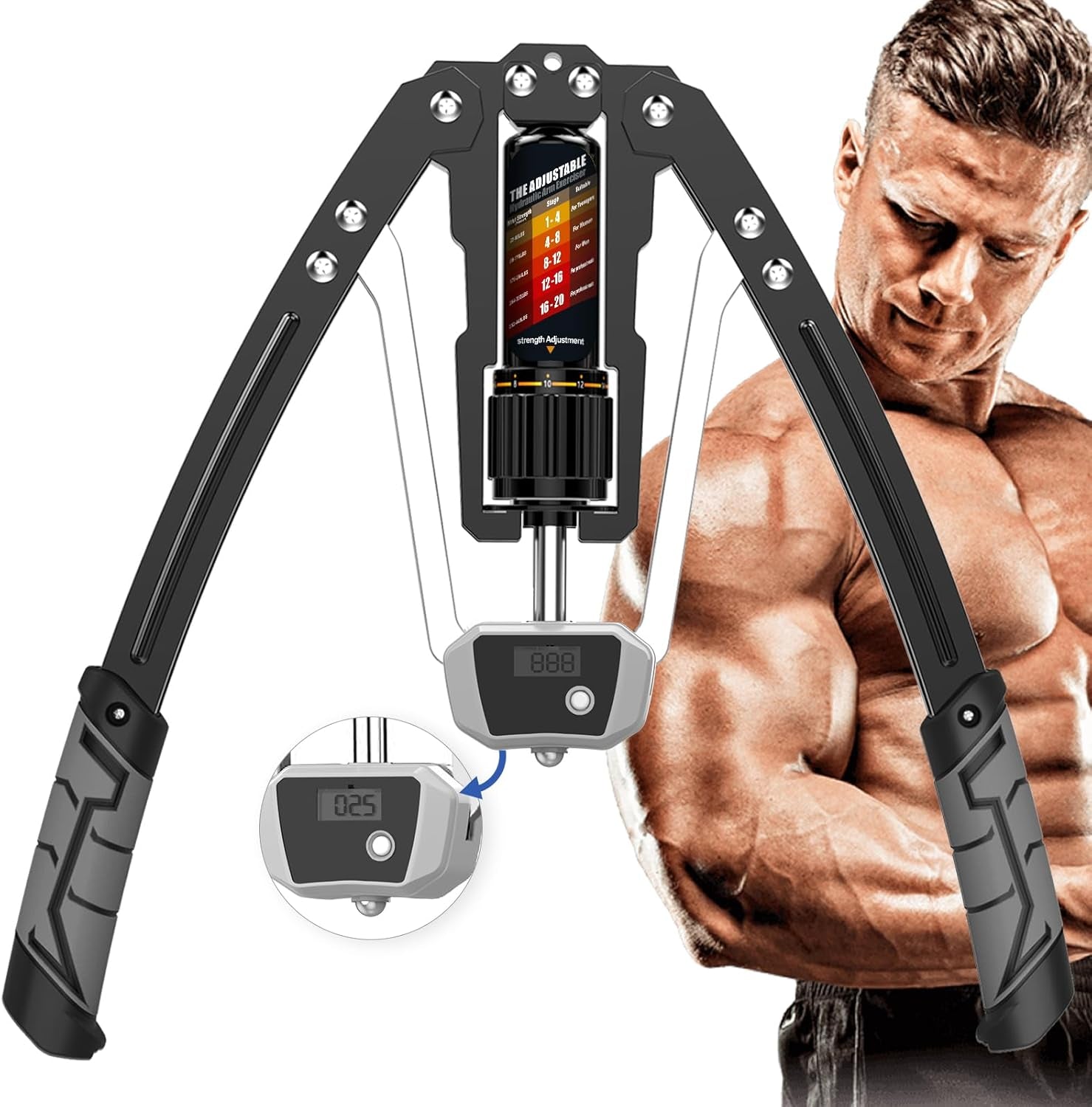 Handheld fitness device with digital display and a muscular man in the background