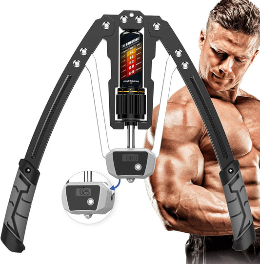 Handheld fitness device with digital display and a muscular man in the background
