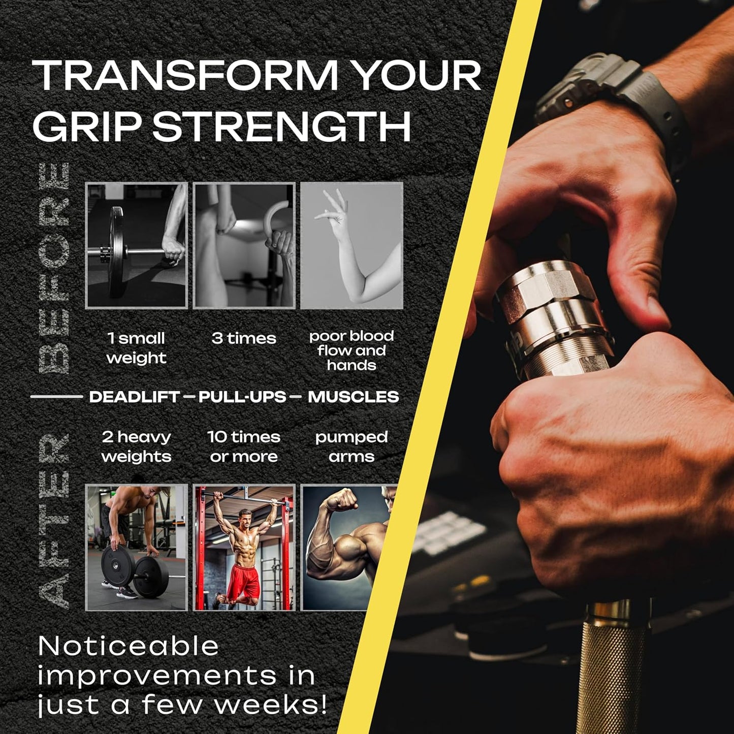 Advertisement for grip strength improvement with before and after images and text.