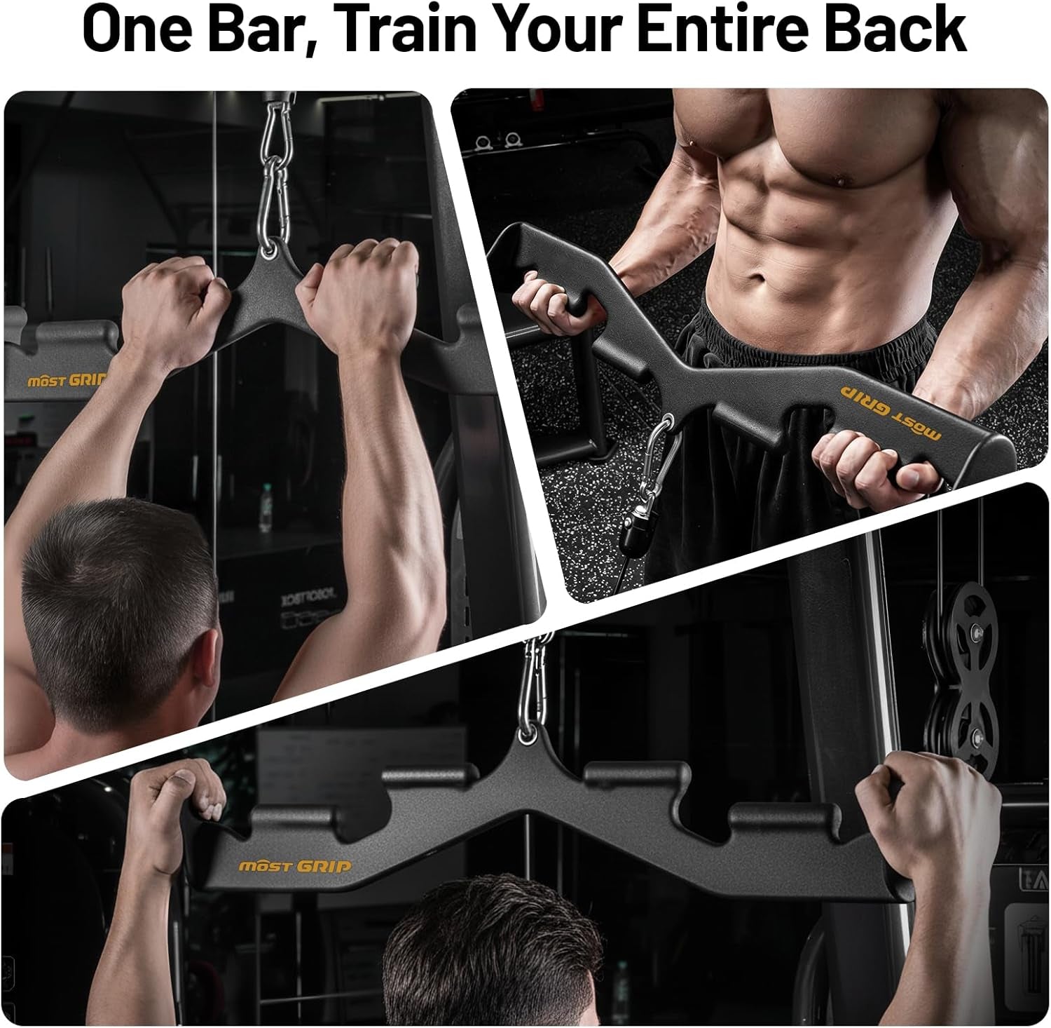 Gym equipment showing a person using it with text 'One Bar, Train Your Entire Back'.