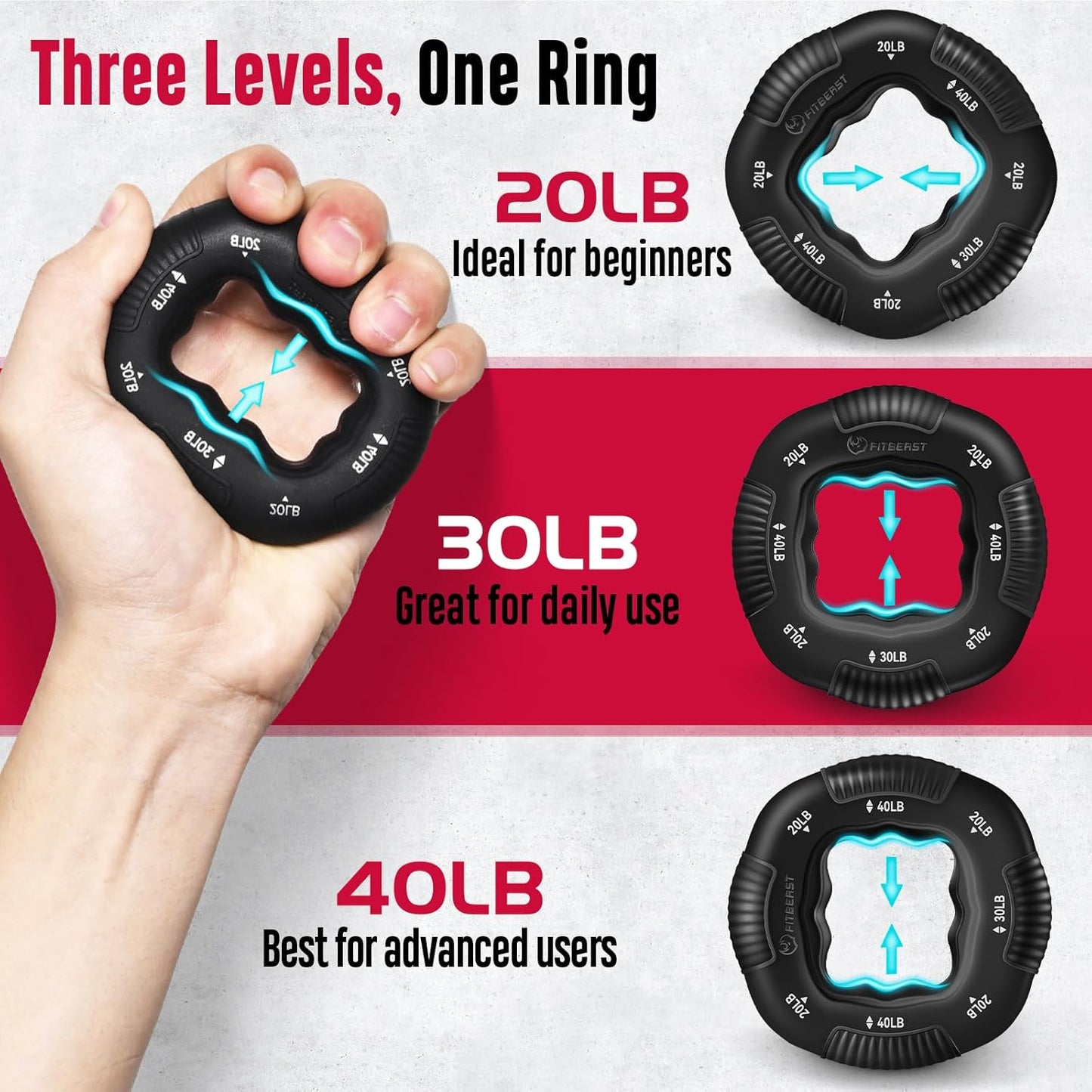 Hand holding a black resistance ring with different weight levels indicated, on a red and gray background.