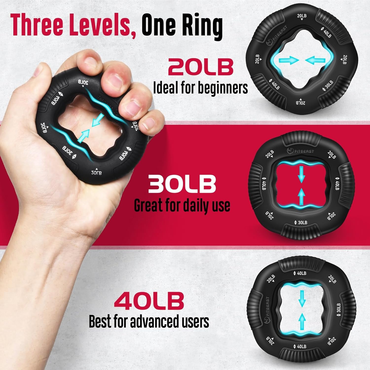Hand holding a black resistance ring with different weight levels indicated, on a red and gray background.