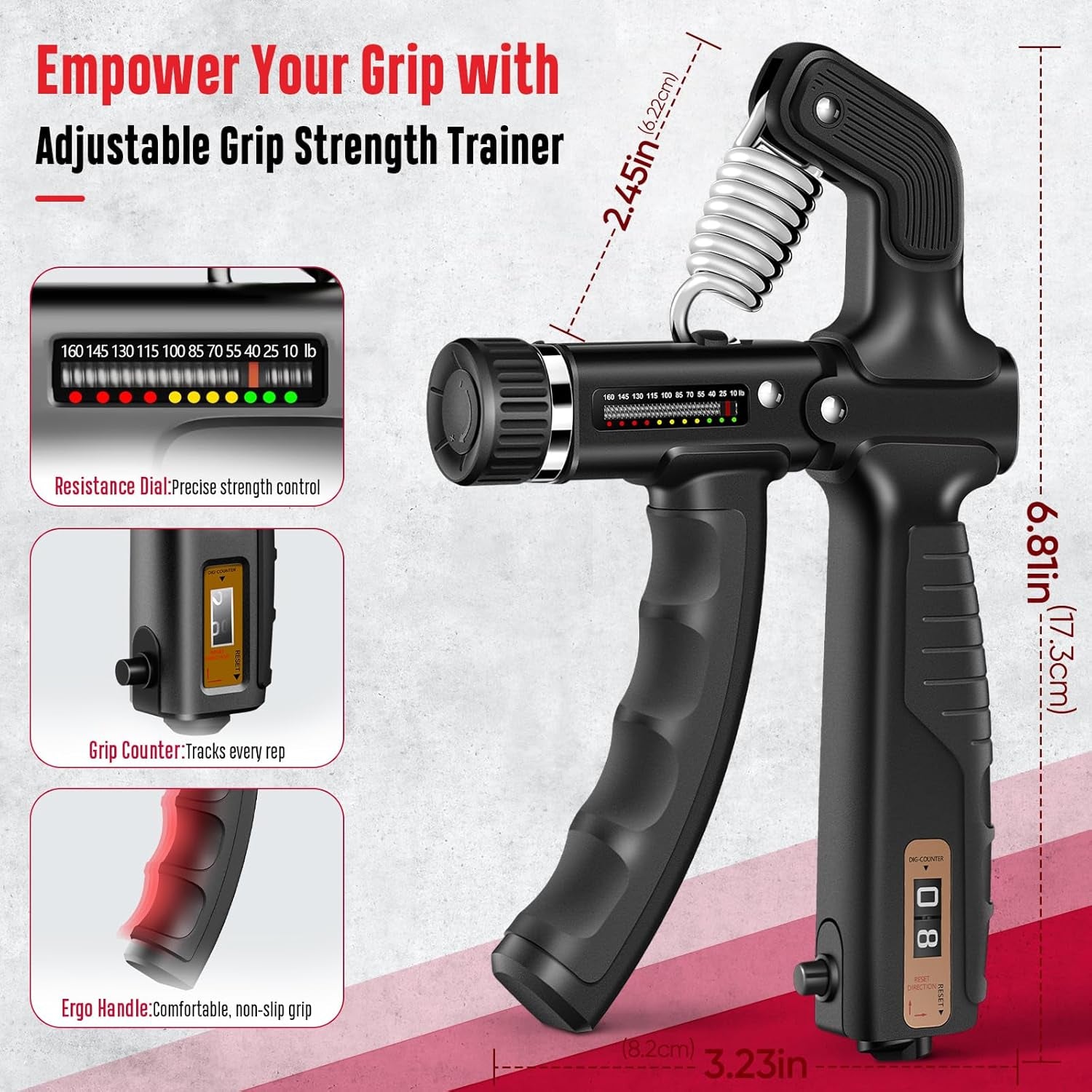 Adjustable grip strength trainer with features highlighted on a gray background