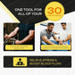 Advertisement for a fitness tool targeting arm muscles with text and images of people using it.