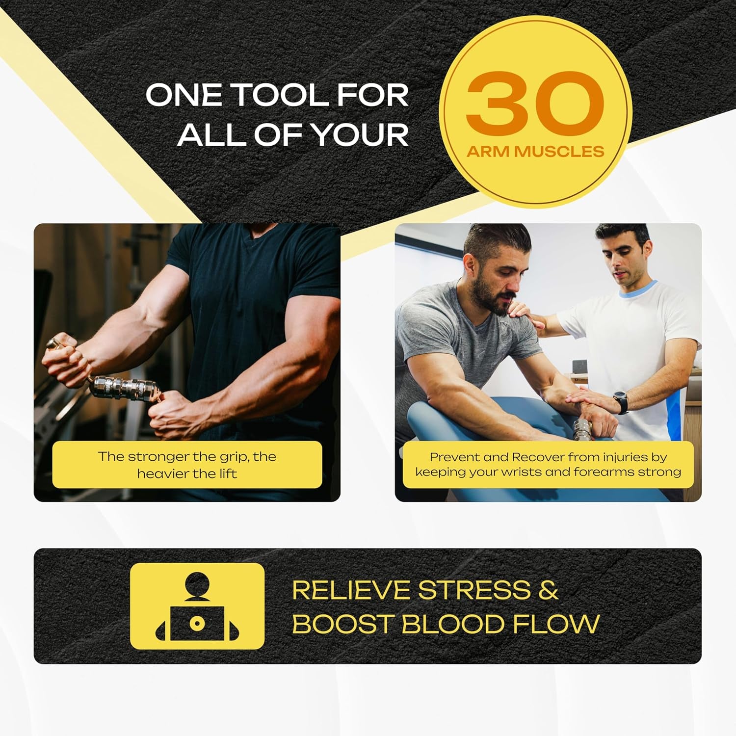 Advertisement for a fitness tool targeting arm muscles with text and images of people using it.