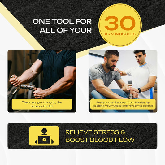 Advertisement for a fitness tool targeting arm muscles with text and images of people using it.