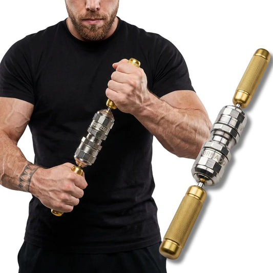 Man using a cable machine with gold and silver handles on a white background