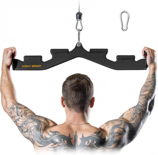 Person using a black pull-up bar with 'Most Grip' branding on a white background