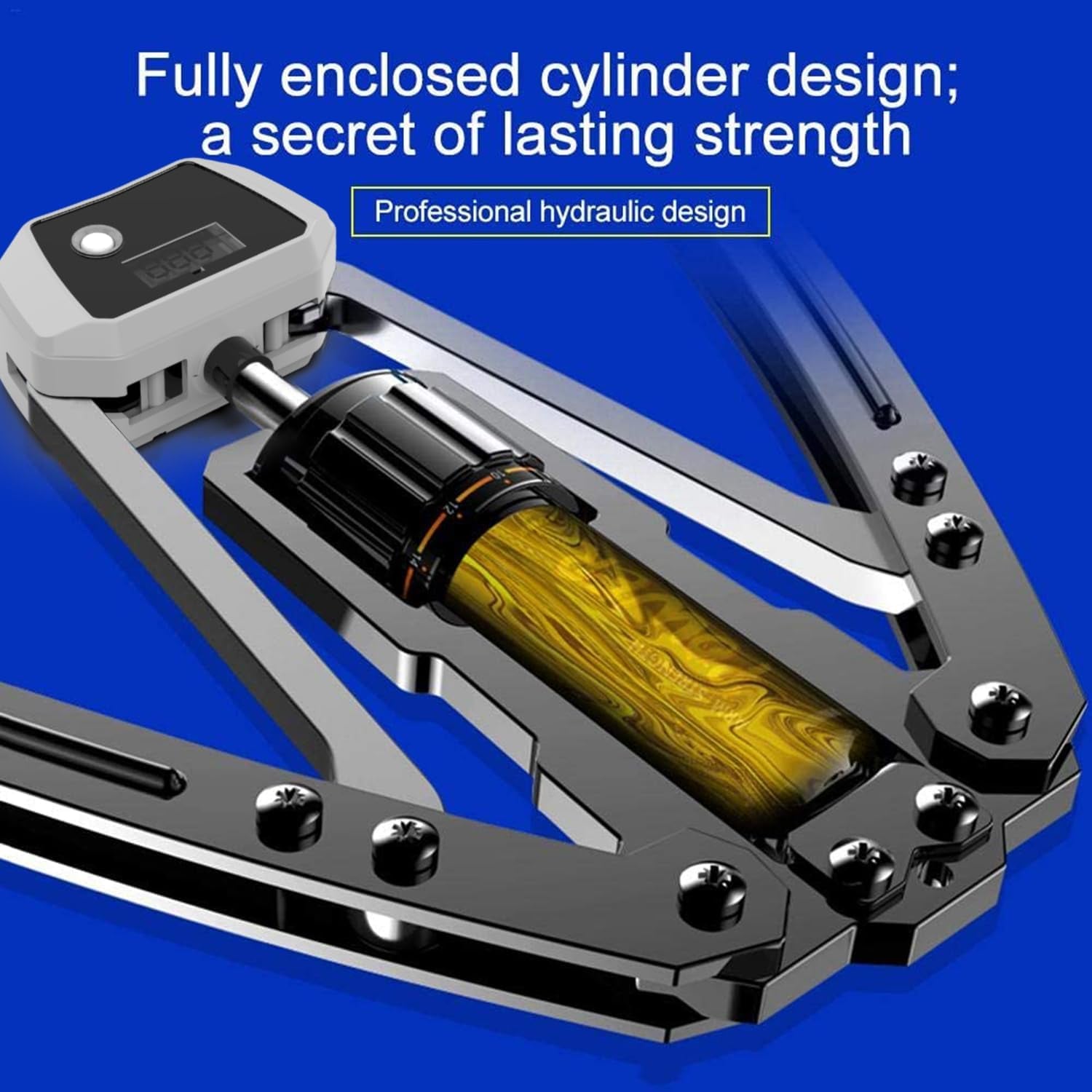 Close-up of a mechanical tool with a blue background and text about its design.