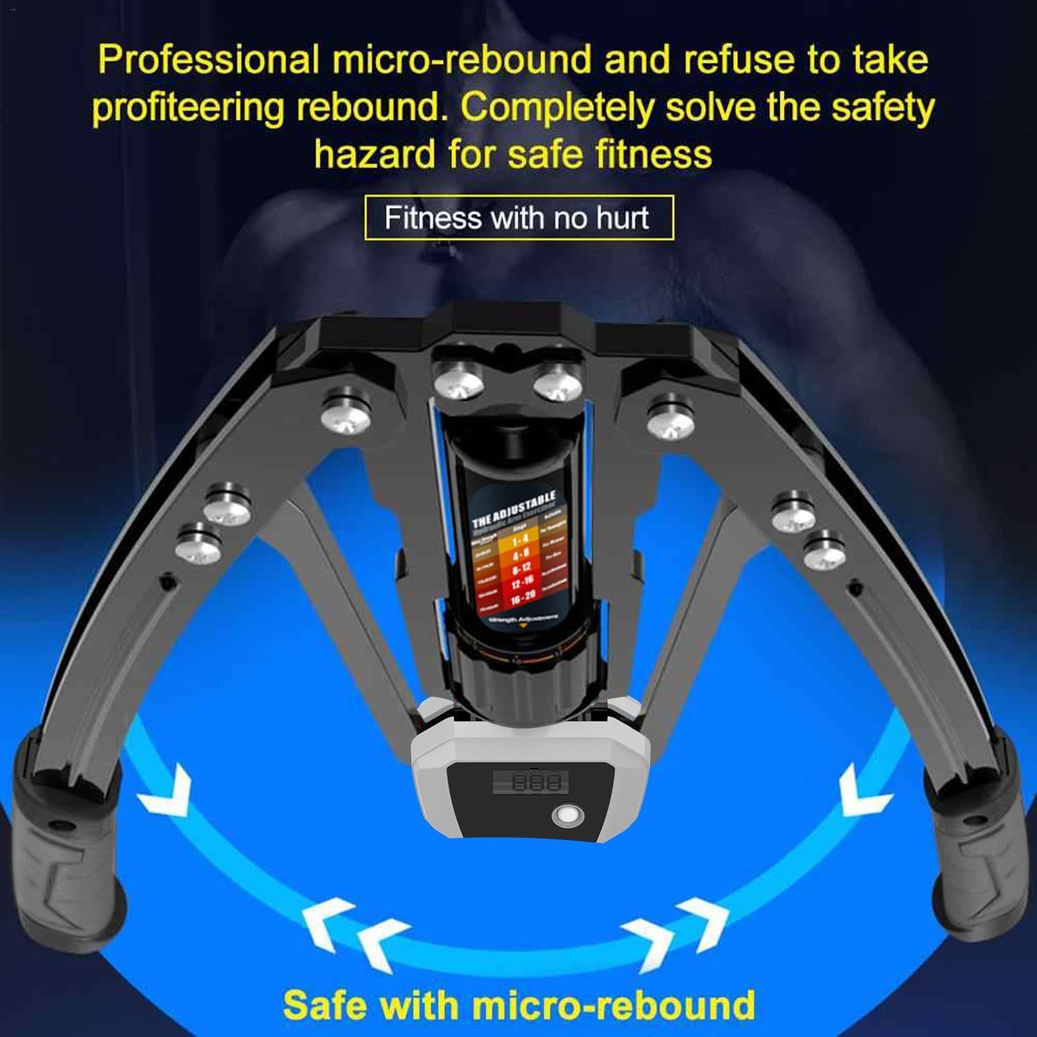 Fitness equipment with text about safety and micro-rebound on a blue and black background