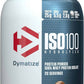 Dymatize ISO100 Hydrolyzed protein powder container with chocolate flavor indication