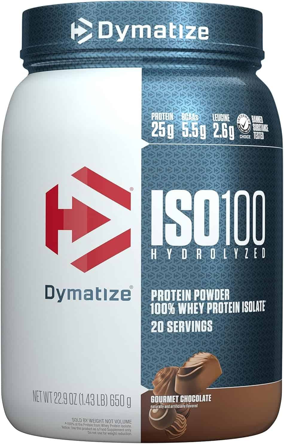 Dymatize ISO100 Hydrolyzed protein powder container with chocolate flavor indication