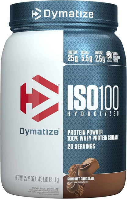 Dymatize ISO100 Hydrolyzed protein powder container with chocolate flavor indication