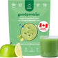 Goodprotein Green Superfood Juice package with a glass of juice and green apple on a white background