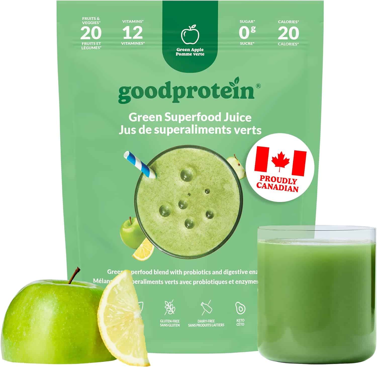 Goodprotein Green Superfood Juice package with a glass of juice and green apple on a white background