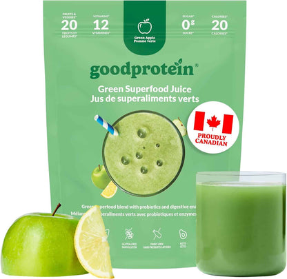 Goodprotein Green Superfood Juice package with a glass of juice and green apple on a white background